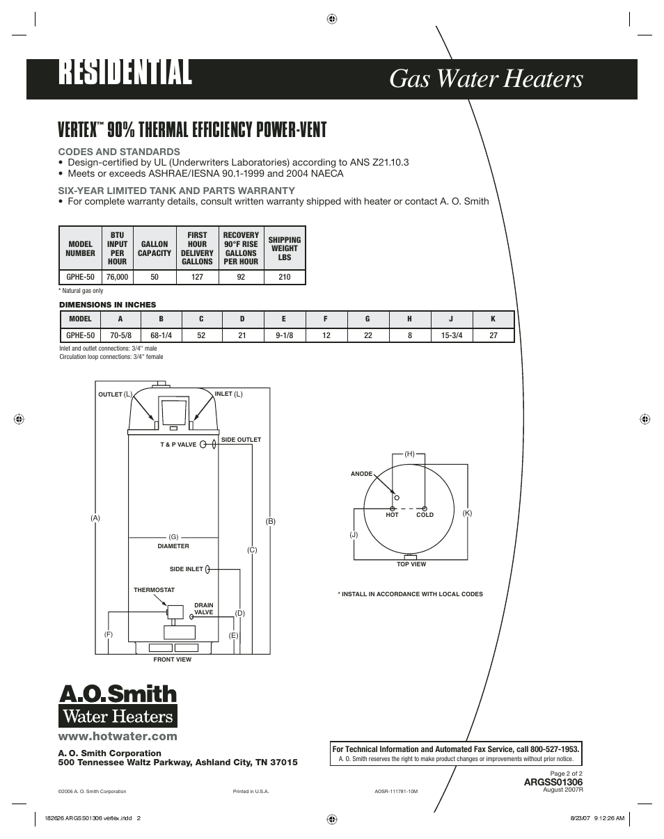 Residential, Gas water heaters, Vertex | 90% thermal efficiency power-vent | A.O. Smith Vertex GPHE-50 User Manual | Page 2 / 2