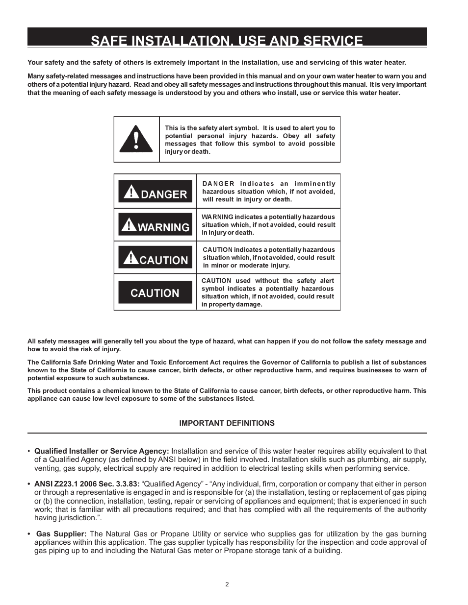 Safe installation, use and service | A.O. Smith 100 User Manual | Page 2 / 44