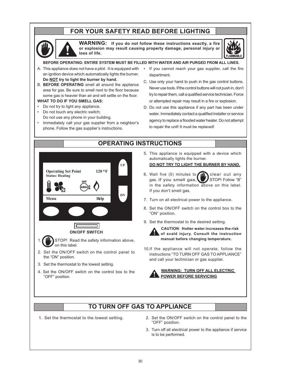 Operating instructions, Warning | A.O. Smith 100 User Manual | Page 30 / 44