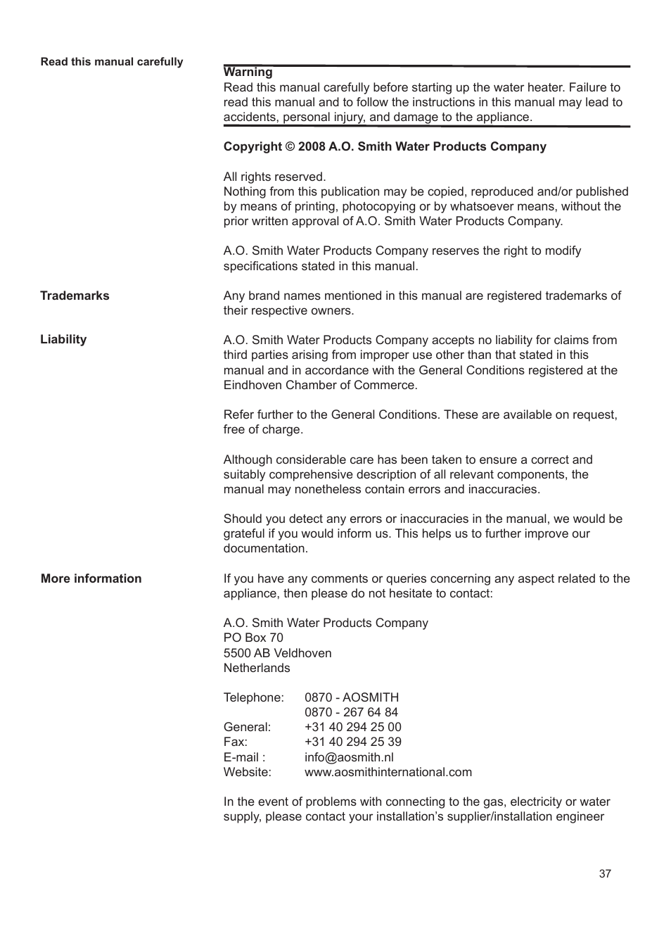 A.O. Smith AHD 290 User Manual | Page 37 / 129