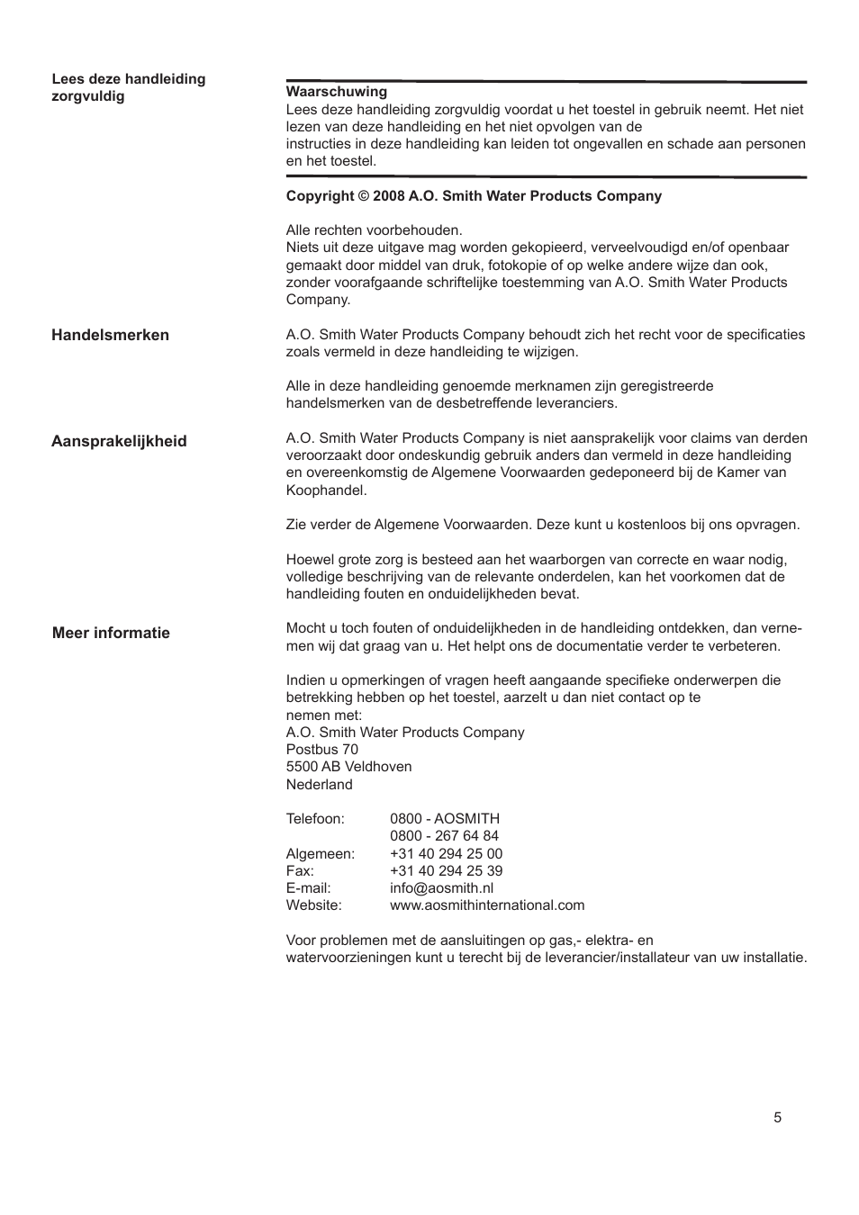 A.O. Smith AHD 290 User Manual | Page 5 / 129