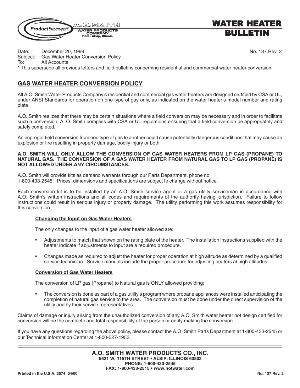 A.O. Smith AOSRG45200 User Manual | 4 pages