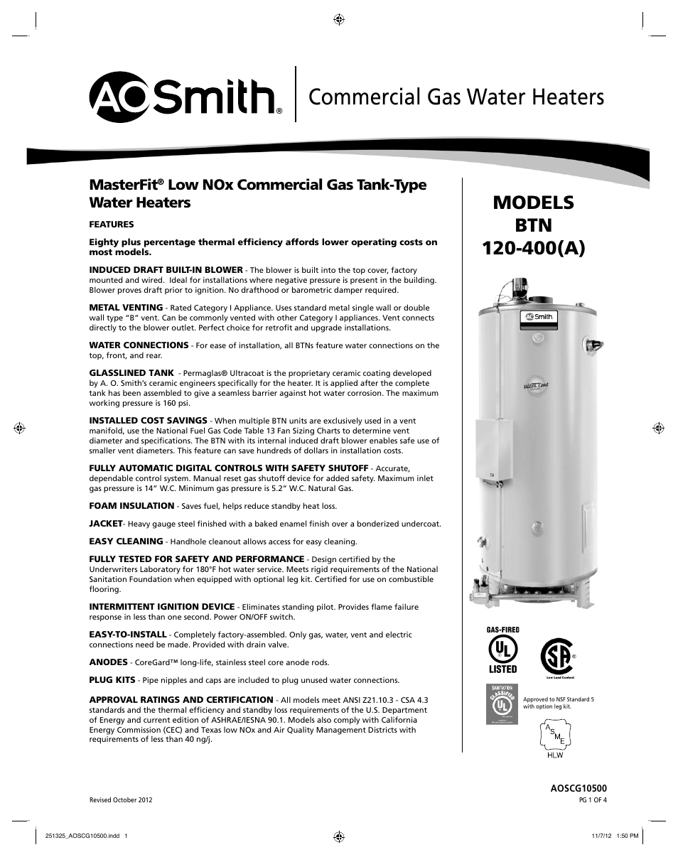 A.O. Smith BTN 120-40D User Manual | 4 pages
