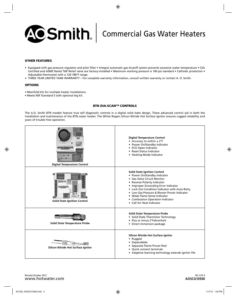 Commercial gas water heaters | A.O. Smith BTN 120-40D User Manual | Page 2 / 4