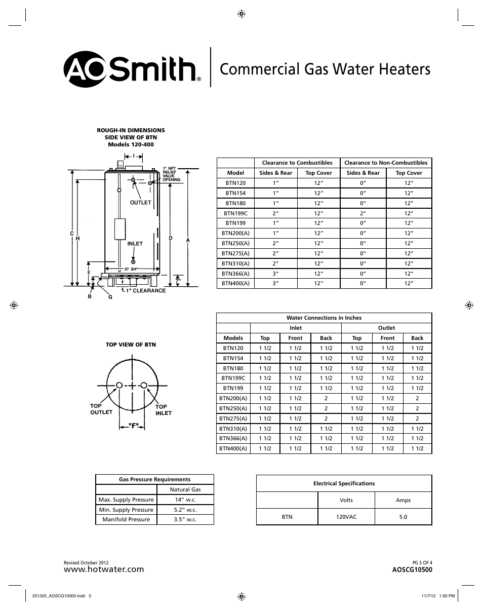 Commercial gas water heaters | A.O. Smith BTN 120-40D User Manual | Page 3 / 4