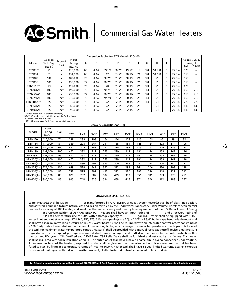 Commercial gas water heaters | A.O. Smith BTN 120-40D User Manual | Page 4 / 4