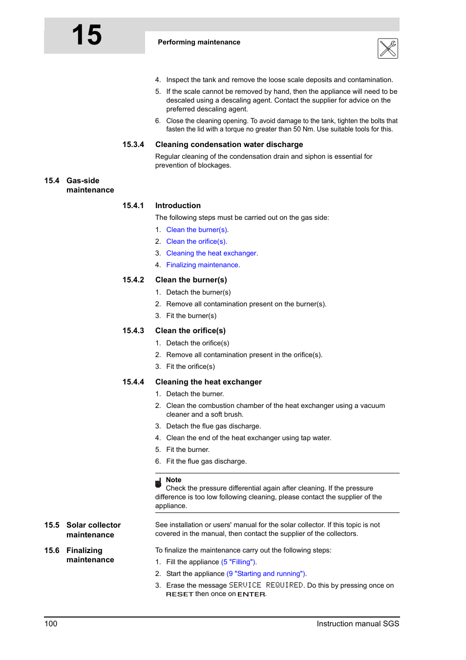 Gas-side maintenance, Solar collector maintenance, Finalizing maintenance | 2 "clean the burner(s)"), 3 "clean the orifice(s)"), 4 "cleaning the heat exchanger"), Cleaning condensation water discharge, 15 s | A.O. Smith 30 User Manual | Page 100 / 114