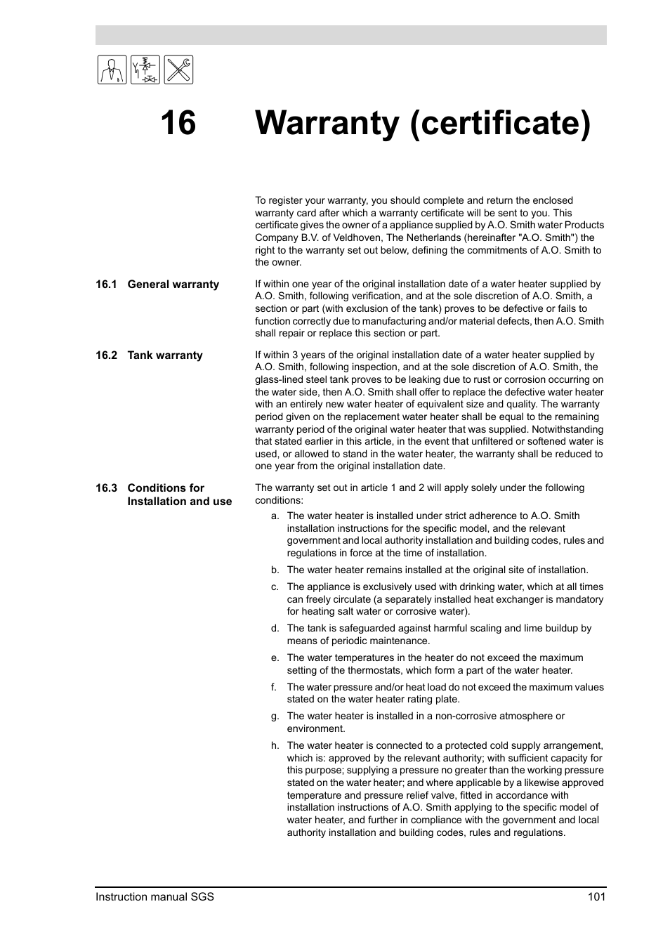16 warranty (certificate), Warranty (certificate), General warranty | Tank warranty, Conditions for installation and use | A.O. Smith 30 User Manual | Page 101 / 114