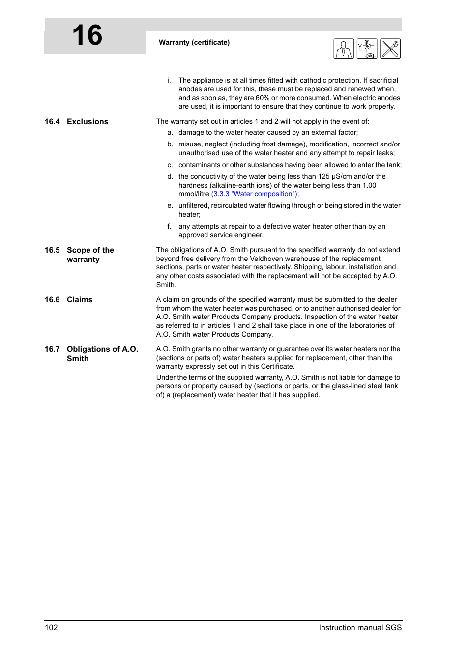 Exclusions, Scope of the warranty, Claims | Obligations of a.o. smith, 16 gis | A.O. Smith 30 User Manual | Page 102 / 114