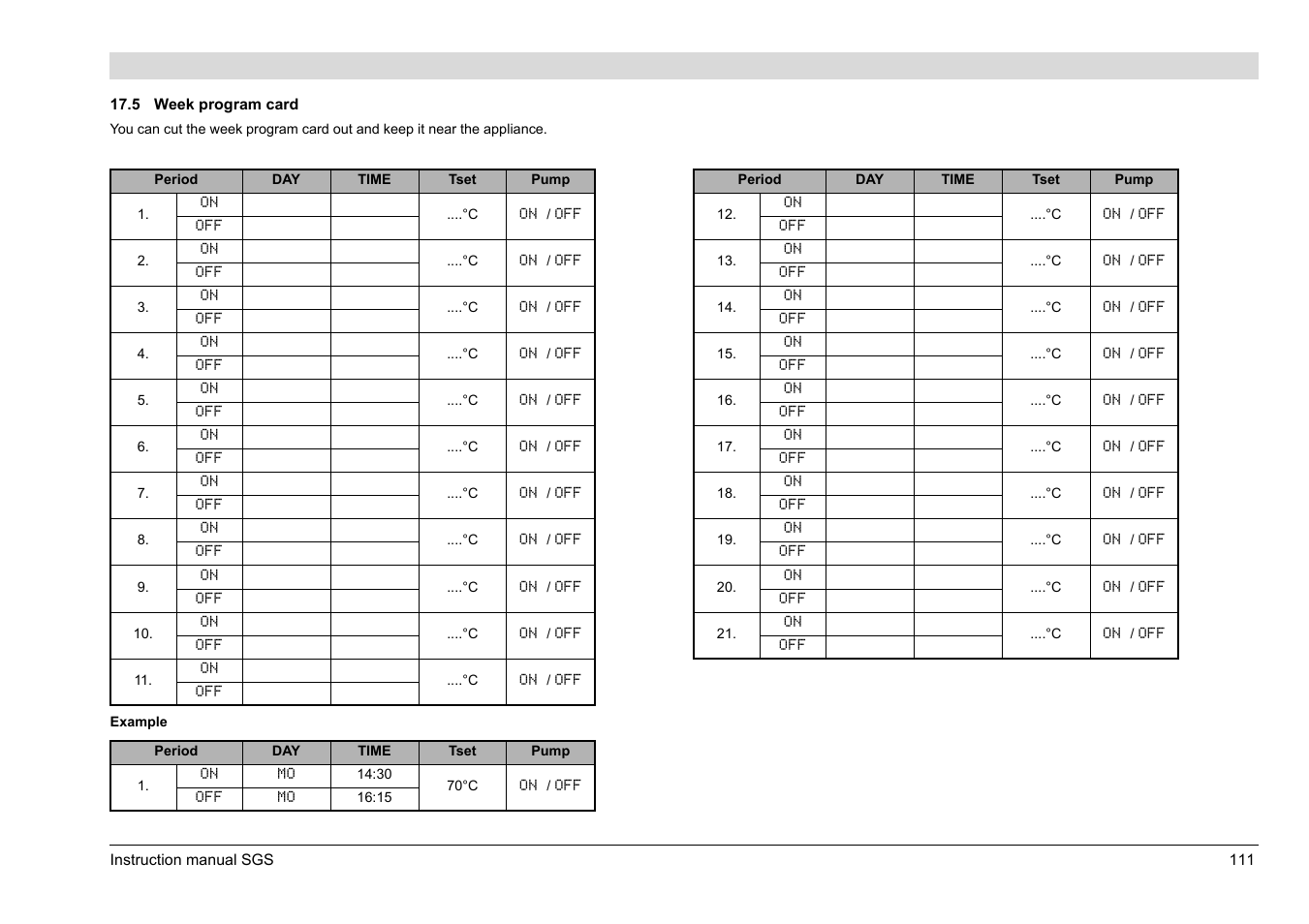 Week program card | A.O. Smith 30 User Manual | Page 111 / 114