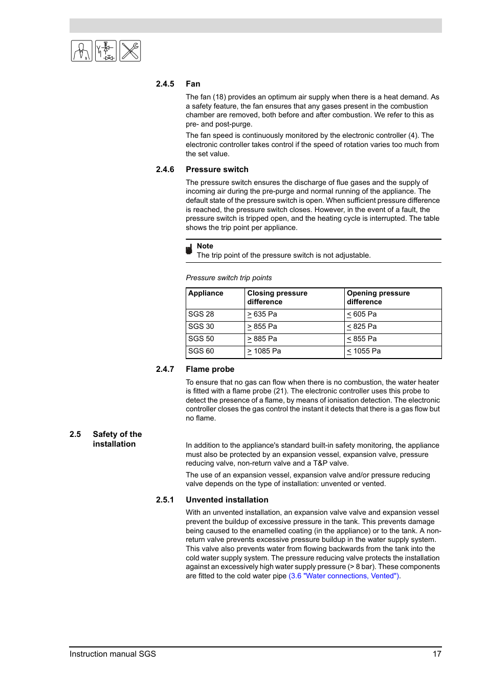 Safety of the installation, Pressure switch, Flame probe | A.O. Smith 30 User Manual | Page 17 / 114
