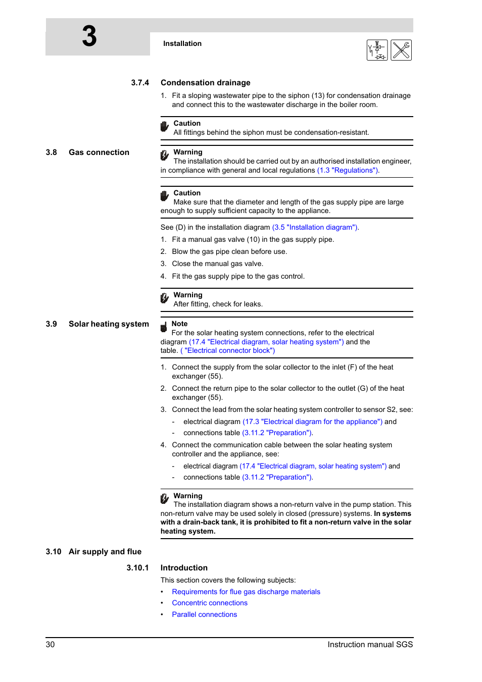 Gas connection, Solar heating system, Air supply and flue | A.O. Smith 30 User Manual | Page 30 / 114