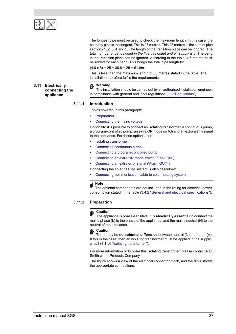 Electrically connecting the appliance, 2 "preparation") | A.O. Smith 30 User Manual | Page 37 / 114