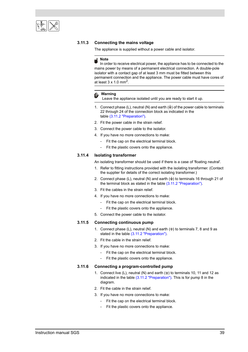 Connecting the mains voltage, Isolating transformer, Connecting continuous pump | Connecting a program-controlled pump, 4 "isolating transformer") | A.O. Smith 30 User Manual | Page 39 / 114