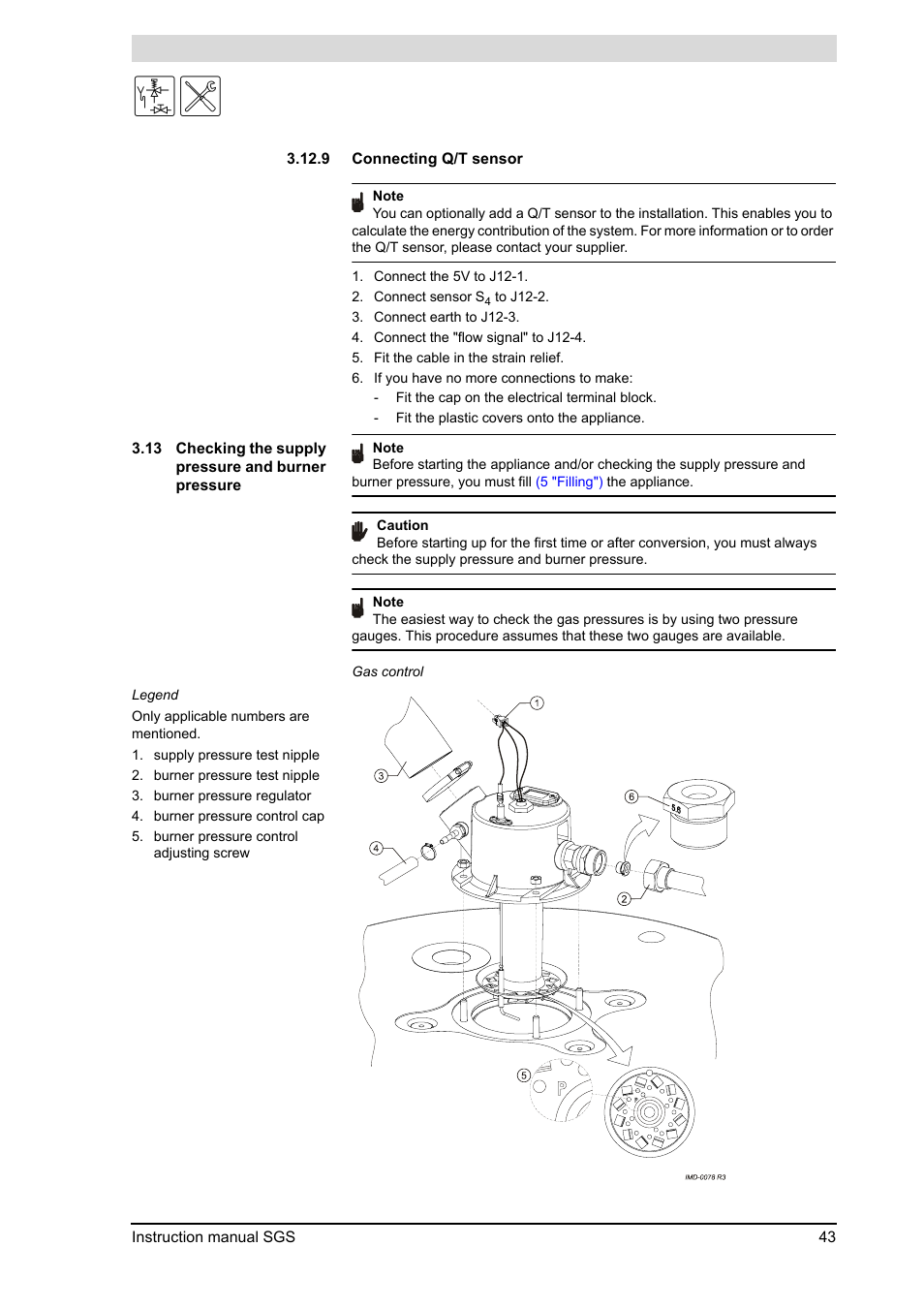 Checking the supply pressure and burner pressure, Connecting q/t sensor, Sensor | 9 "connecting q/t sensor"), 9 "connecting, Q/t sensor") | A.O. Smith 30 User Manual | Page 43 / 114