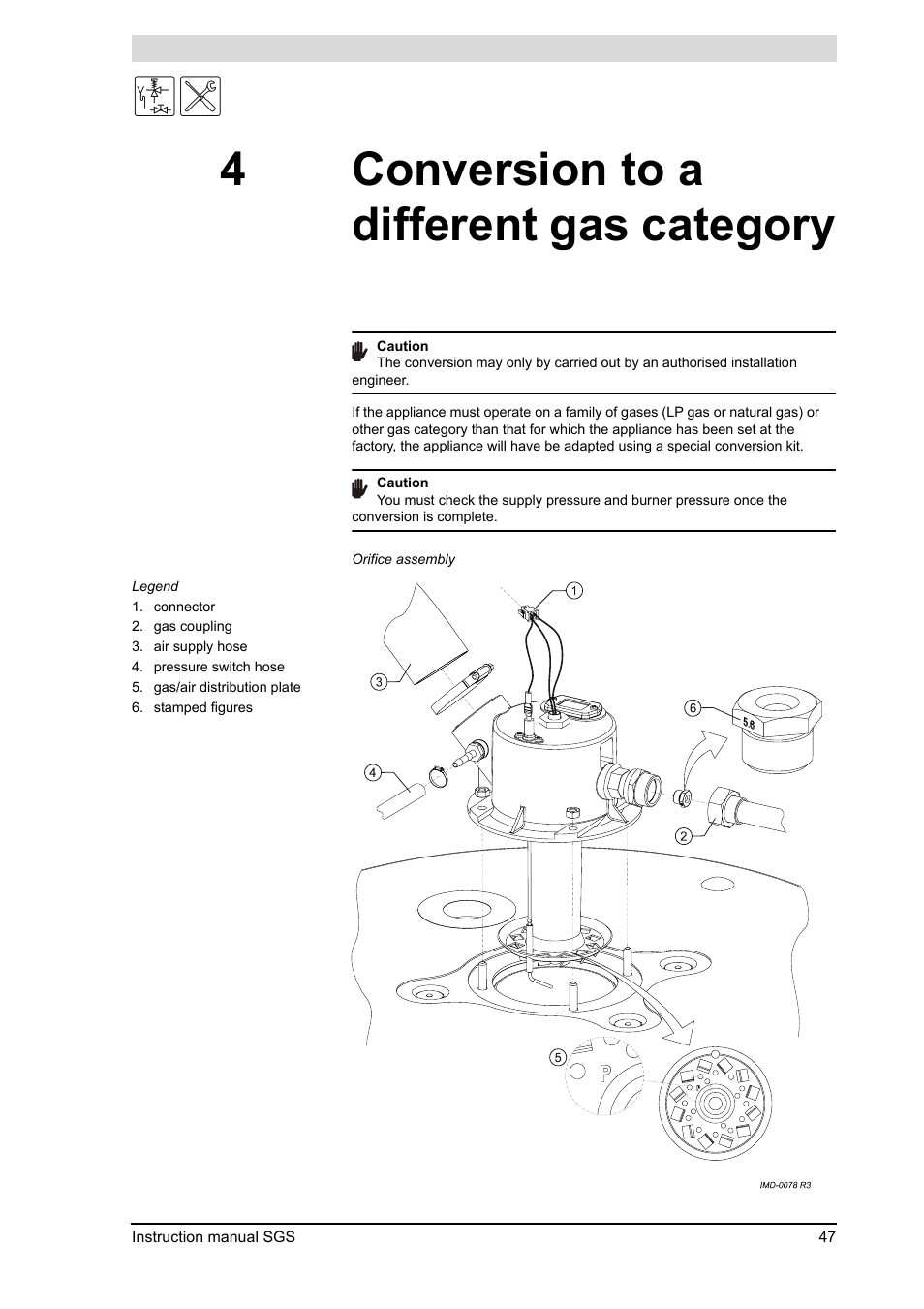 4 conversion to a different gas category, Conversion to a different gas category, Conversion to a different gas | Category, 4 "conversion to a, Different gas category"), 4conversion to a different gas category | A.O. Smith 30 User Manual | Page 47 / 114