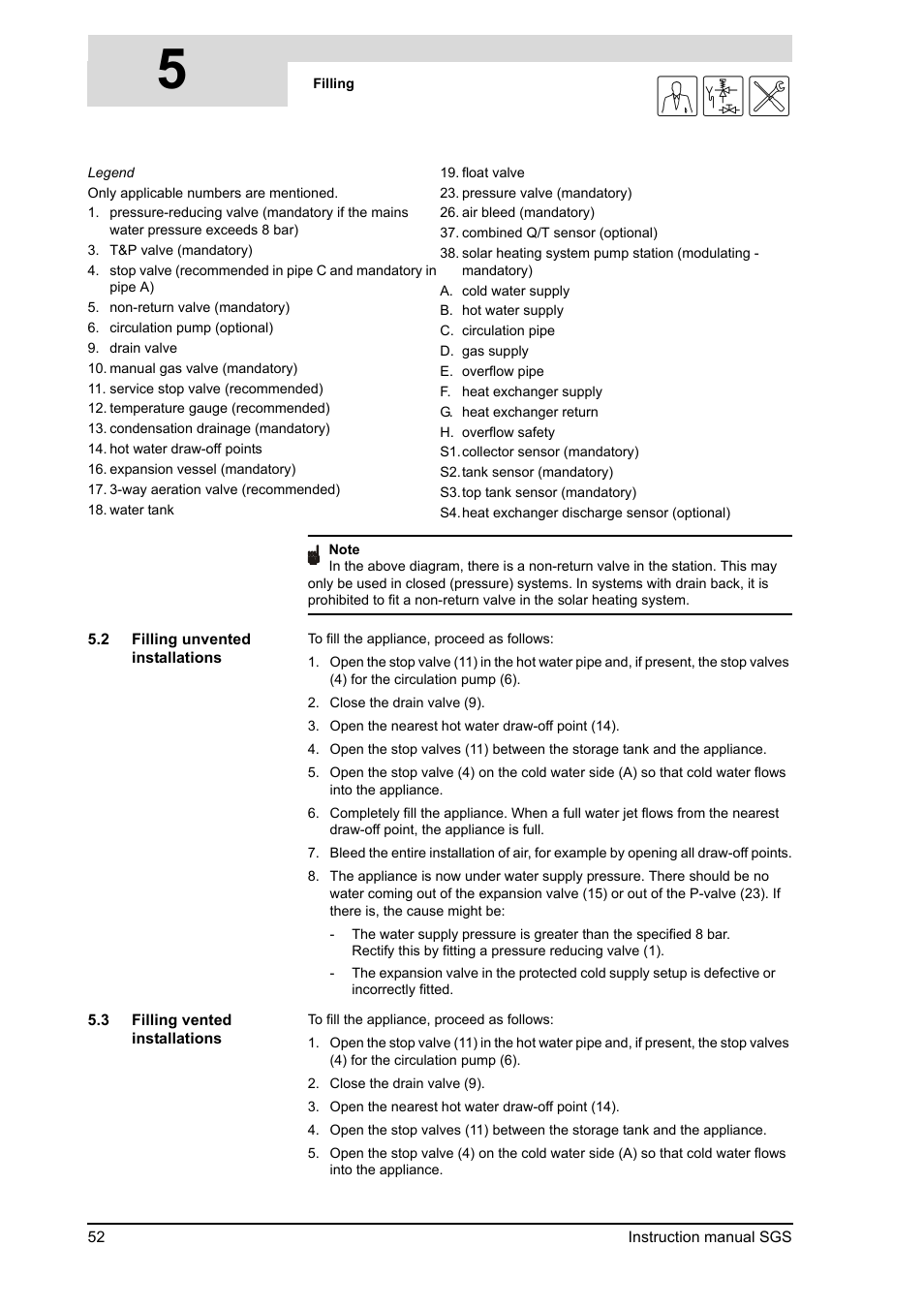 Filling unvented installations, Filling vented installations, 5gis | A.O. Smith 30 User Manual | Page 52 / 114