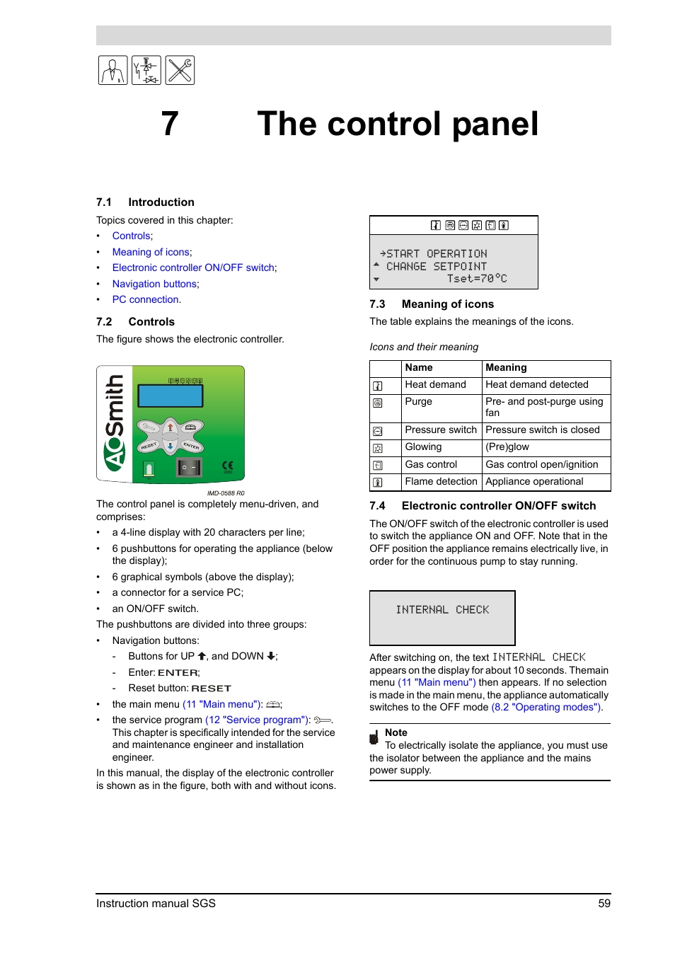 7 the control panel, The control panel, Introduction | Controls, Meaning of icons, Electronic controller on/off switch, 7the control panel | A.O. Smith 30 User Manual | Page 59 / 114