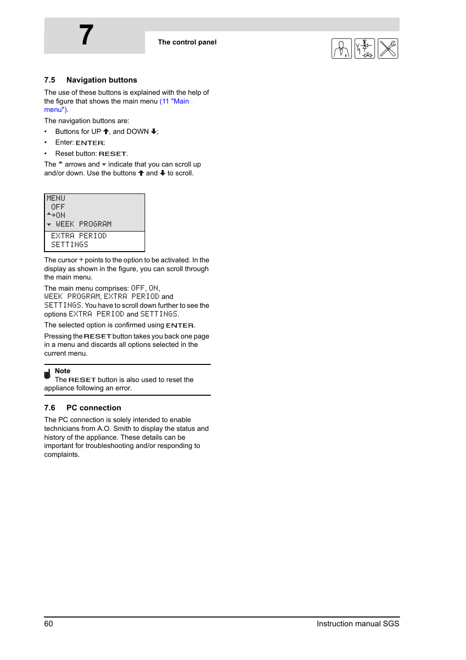Navigation buttons, Pc connection, 7gis | A.O. Smith 30 User Manual | Page 60 / 114