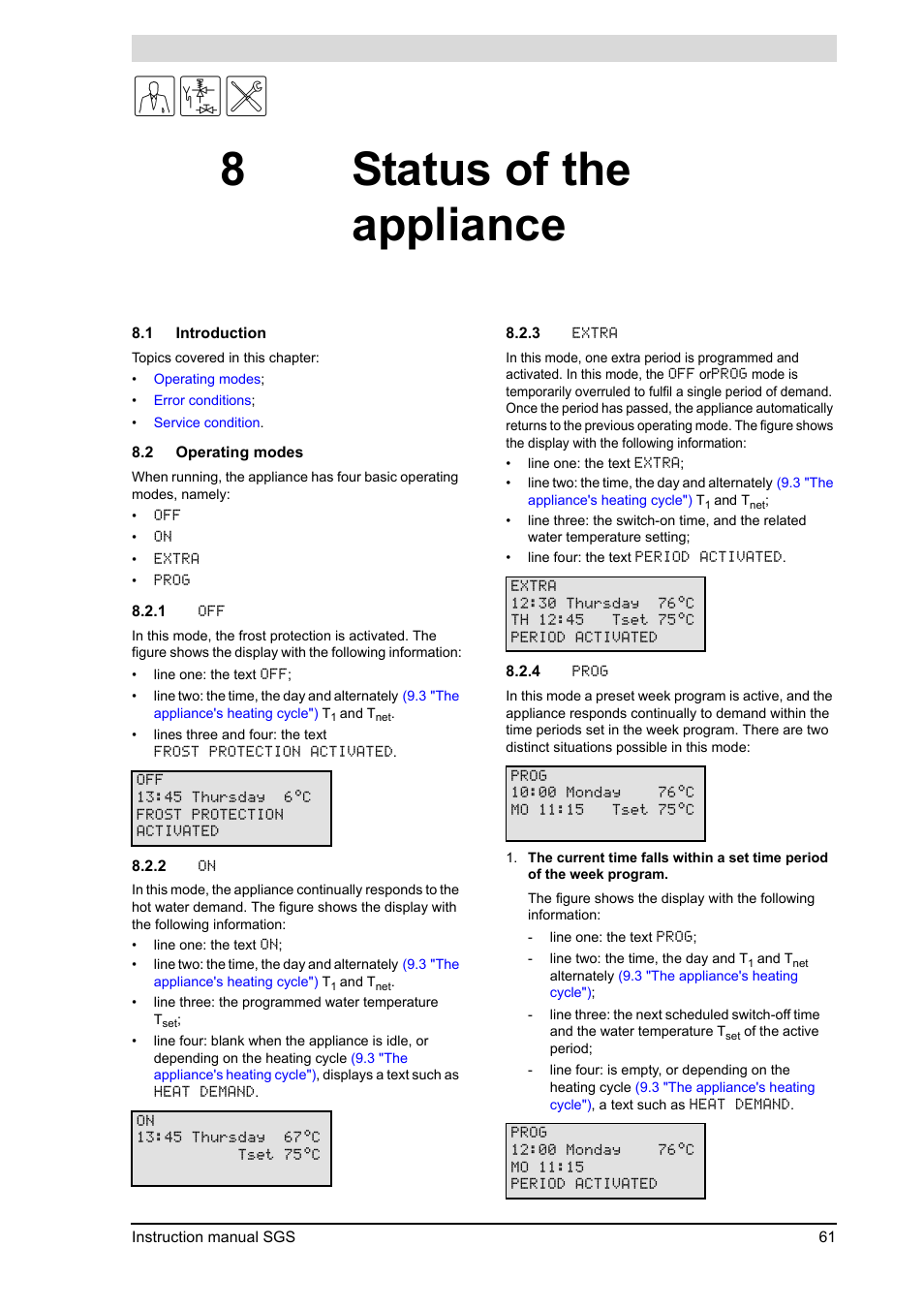 8 status of the appliance, Status of the appliance, Introduction | Operating modes, 2 "operating modes"), 8status of the appliance | A.O. Smith 30 User Manual | Page 61 / 114