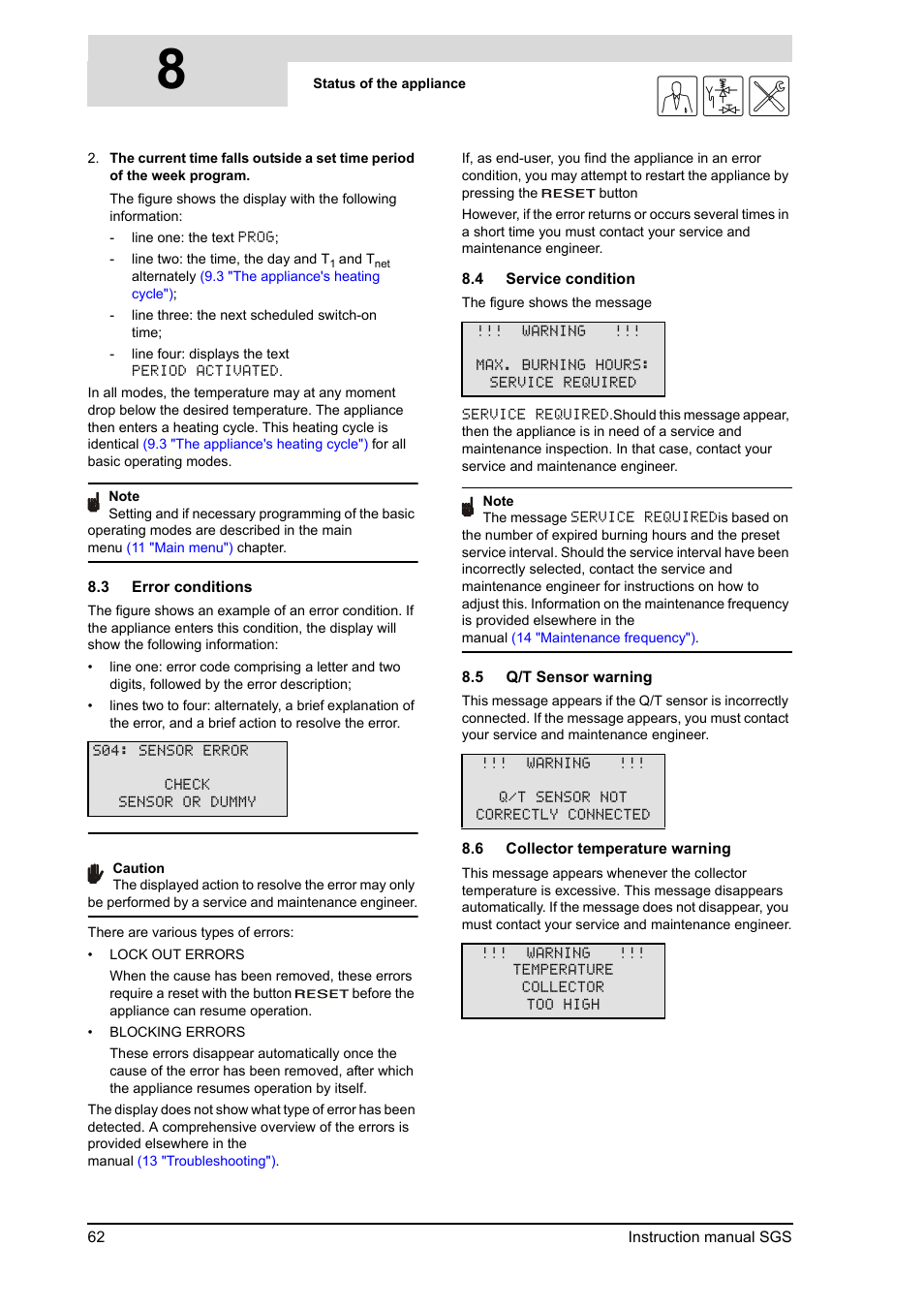 Error conditions, Service condition, Q/t sensor warning | Collector temperature warning, 3 "error, Conditions"), 8gis | A.O. Smith 30 User Manual | Page 62 / 114