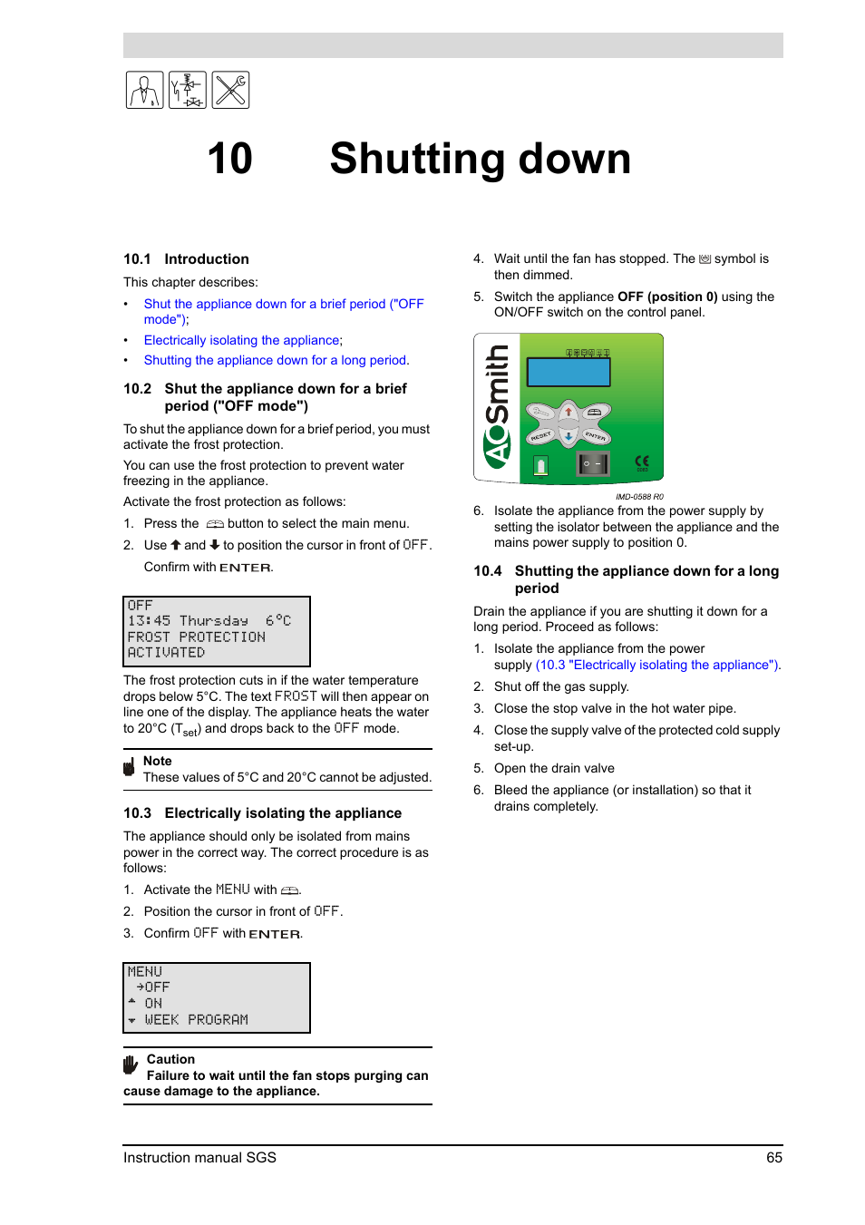 10 shutting down, Shutting down, Introduction | Electrically isolating the appliance, Shutting the appliance down for a long period | A.O. Smith 30 User Manual | Page 65 / 114