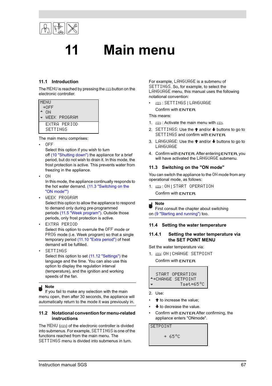 11 main menu, Main menu, Introduction | Switching on the "on mode, Setting the water temperature, 1 "setting the water temperature via the set point, Menu"), 11 "main menu"), Menu, Chap | A.O. Smith 30 User Manual | Page 67 / 114