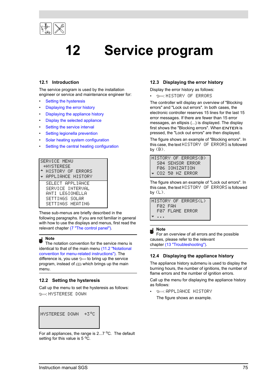 12 service program, Service program, Introduction | Setting the hysteresis, Displaying the error history, Displaying the appliance history, 12 "service program") | A.O. Smith 30 User Manual | Page 75 / 114