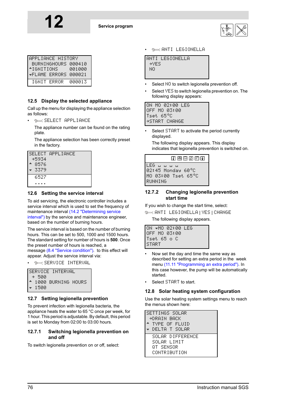 Display the selected appliance, Setting the service interval, Setting legionella prevention | Solar heating system configuration, 12 is | A.O. Smith 30 User Manual | Page 76 / 114