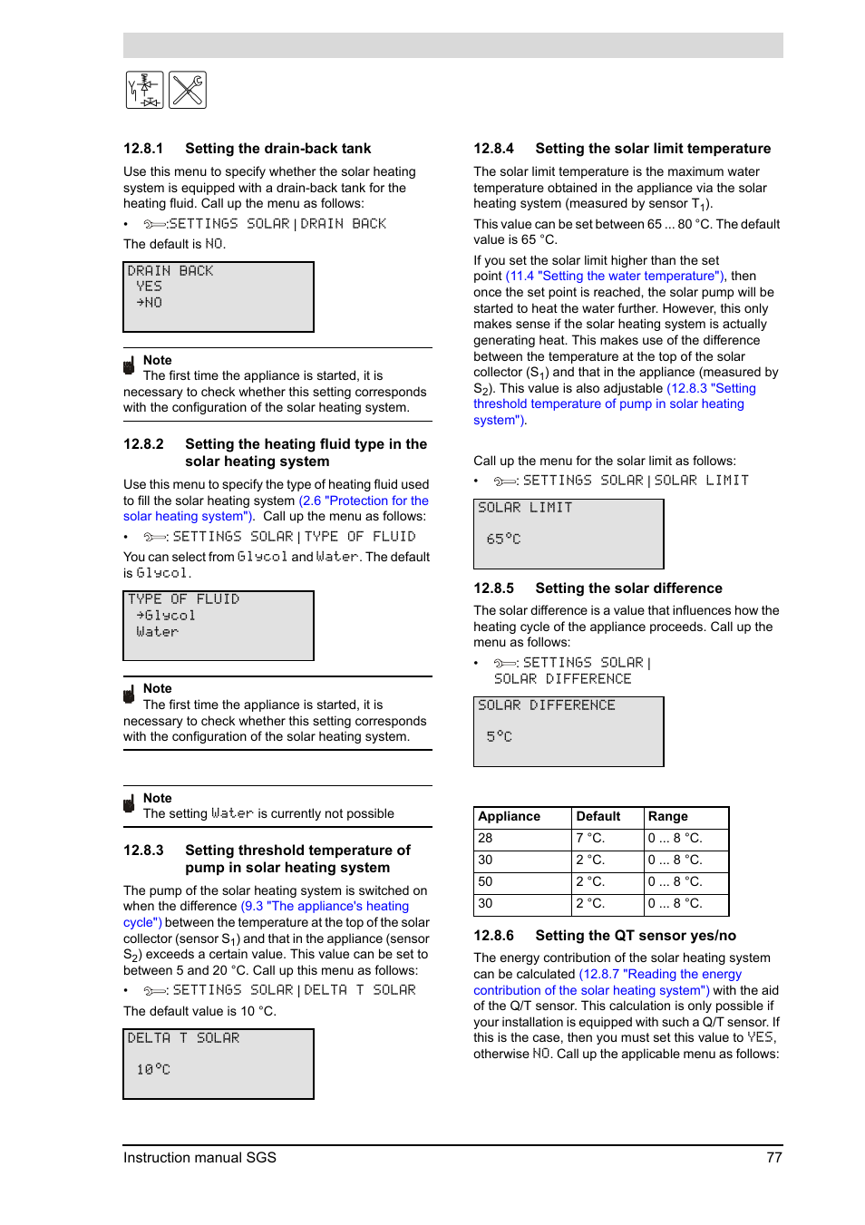 5 "setting the solar difference"), 4 "setting the solar limit temperature"), Water | 1 "setting the drain-back tank") | A.O. Smith 30 User Manual | Page 77 / 114
