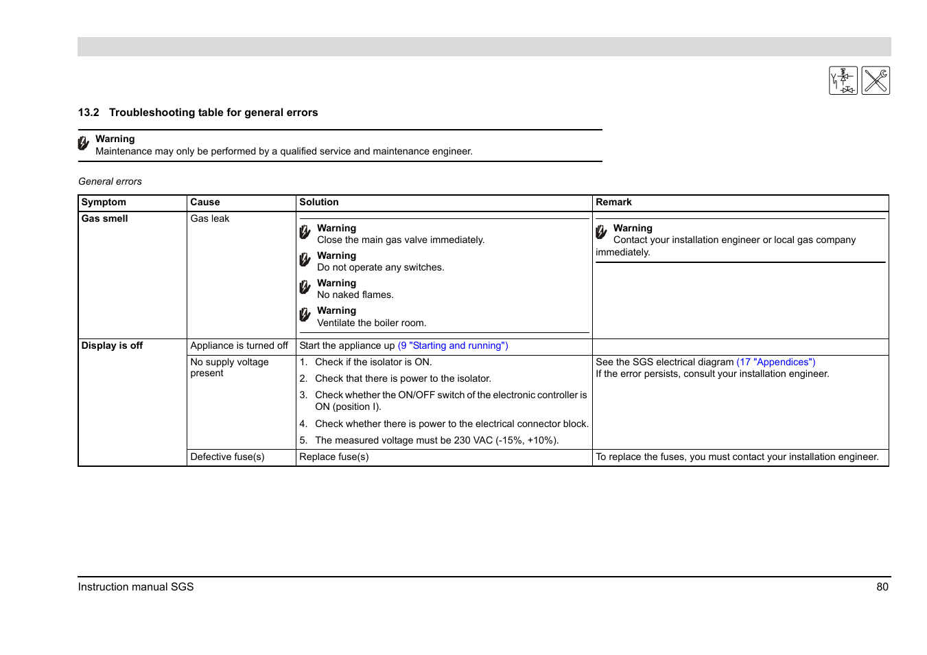 Troubleshooting table for general errors, 2 "troubleshooting table for general, Errors") | Display | A.O. Smith 30 User Manual | Page 80 / 114