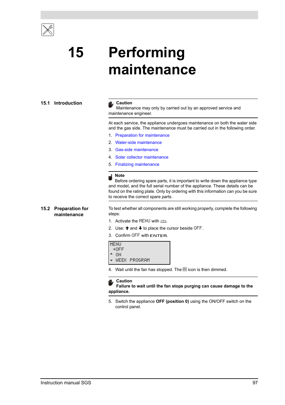 15 performing maintenance, Performing maintenance, Introduction | Preparation for maintenance, 2 "preparation for maintenance") | A.O. Smith 30 User Manual | Page 97 / 114