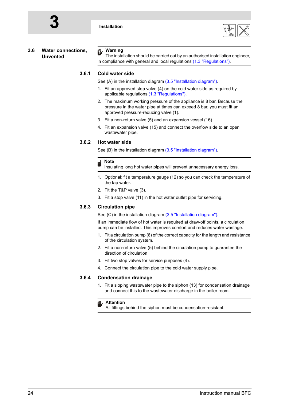 Water connections, unvented, 2 "hot water side"), Valve | A.O. Smith 120 through 250 Series User Manual | Page 24 / 98