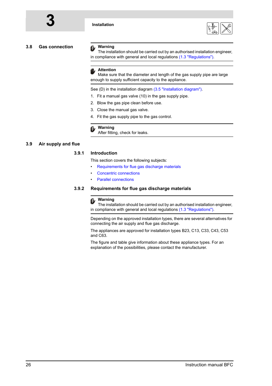 Gas connection, Air supply and flue | A.O. Smith 120 through 250 Series User Manual | Page 26 / 98