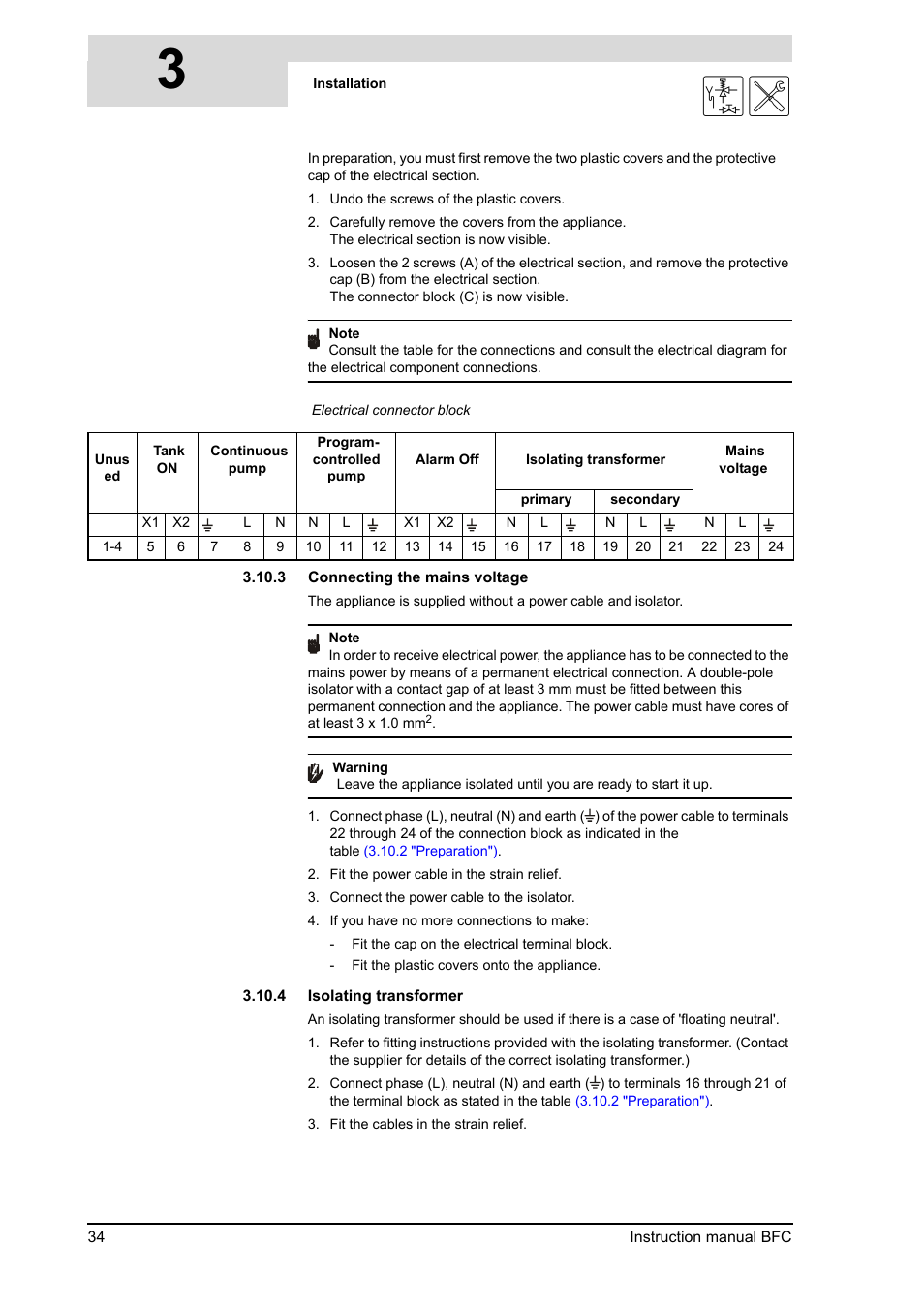 Connecting the mains voltage, Isolating transformer, 4 "isolating transformer") | A.O. Smith 120 through 250 Series User Manual | Page 34 / 98