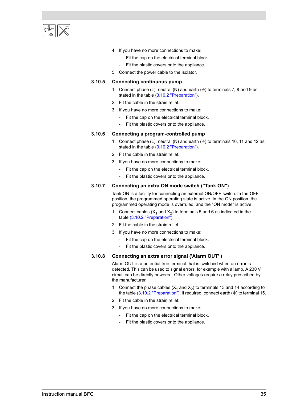 Connecting continuous pump, Connecting a program-controlled pump, Connecting an extra on mode switch ("tank on") | A.O. Smith 120 through 250 Series User Manual | Page 35 / 98