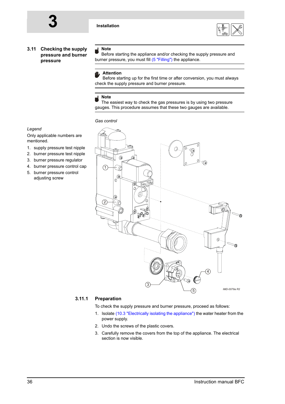 Checking the supply pressure and burner pressure | A.O. Smith 120 through 250 Series User Manual | Page 36 / 98