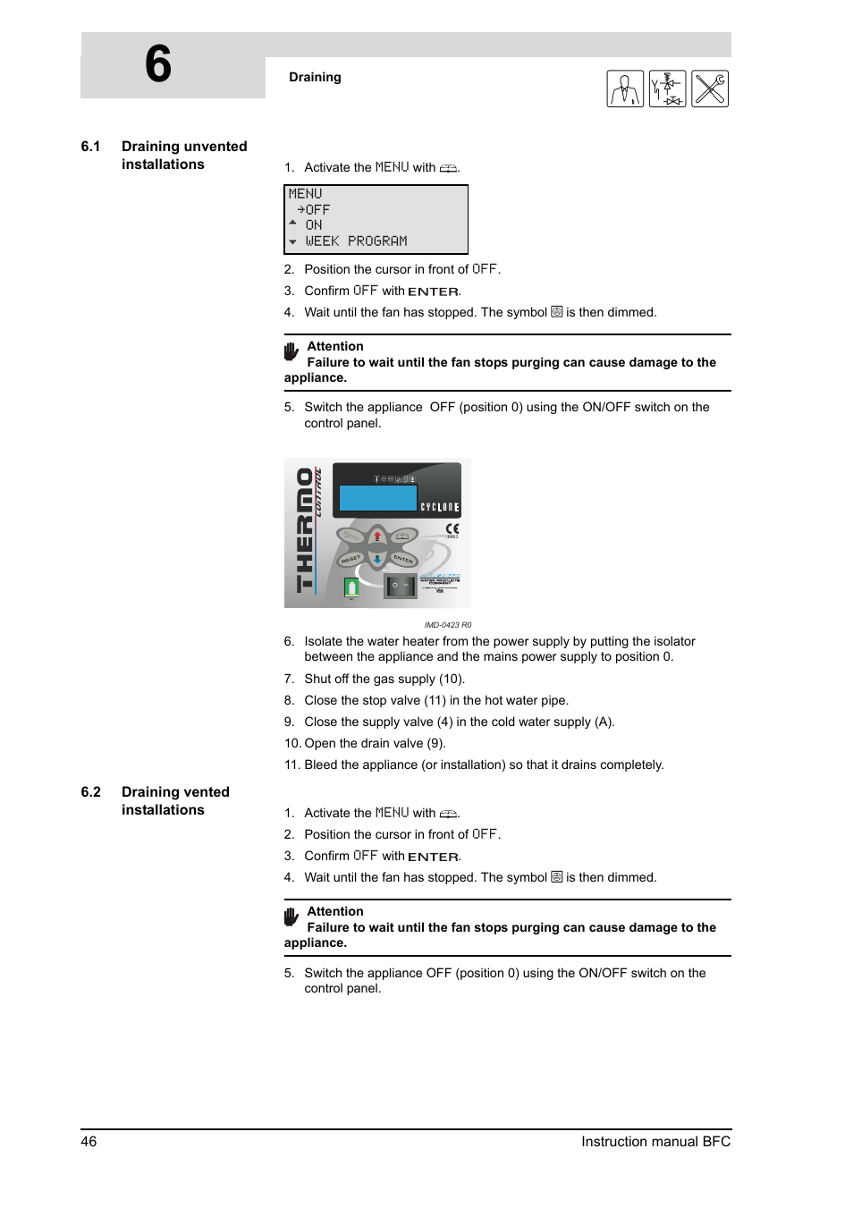 Draining unvented installations, Draining vented installations, 6gis | A.O. Smith 120 through 250 Series User Manual | Page 46 / 98