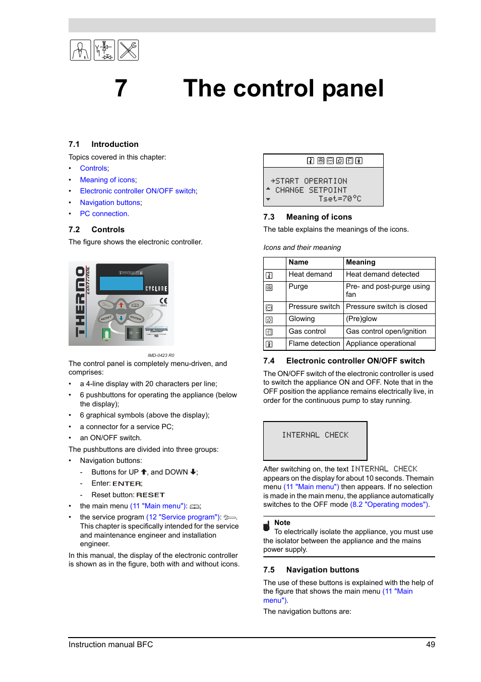 7 the control panel, The control panel, Introduction | Controls, Meaning of icons, Electronic controller on/off switch, Navigation buttons, 7the control panel | A.O. Smith 120 through 250 Series User Manual | Page 49 / 98