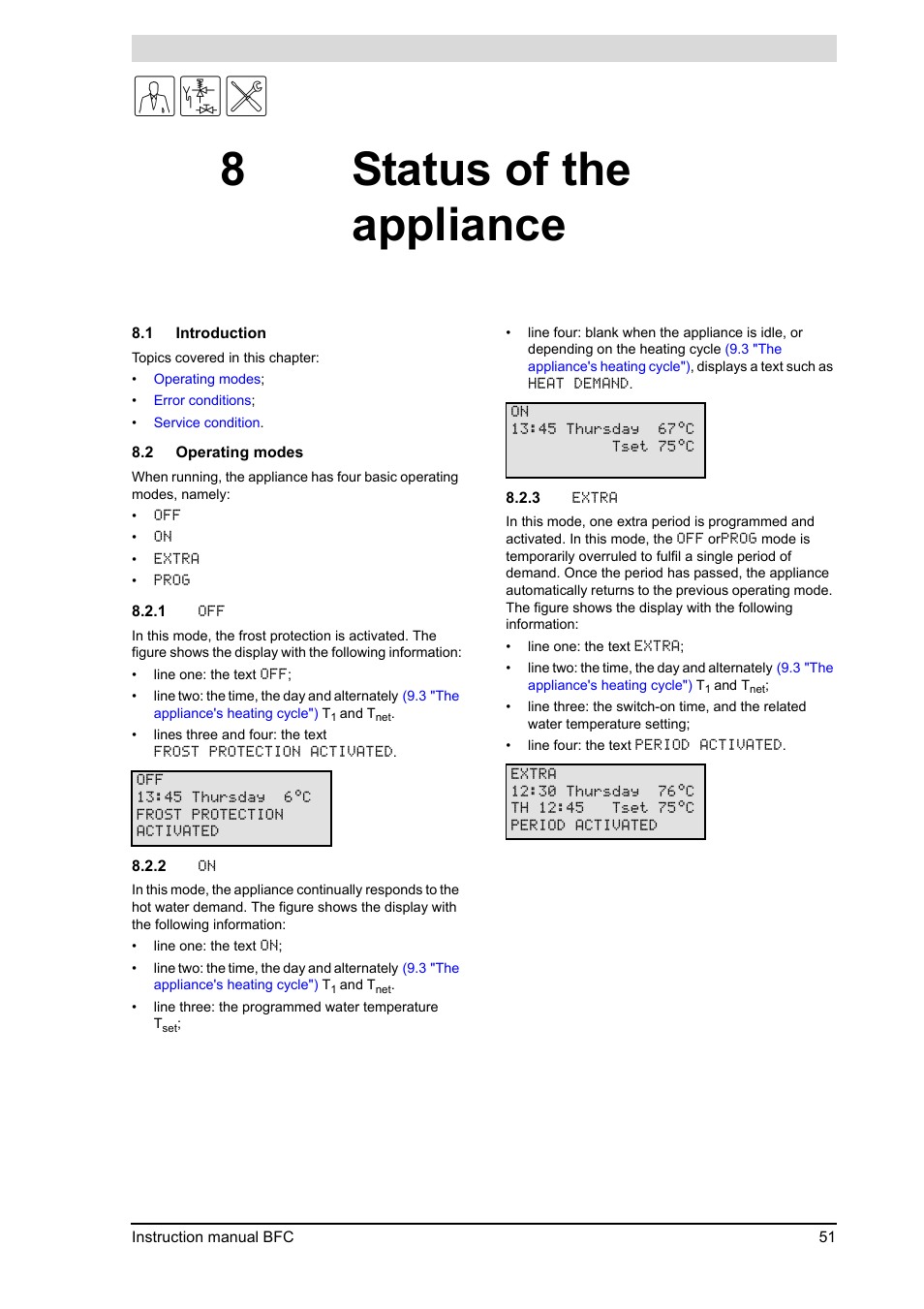 8 status of the appliance, Status of the appliance, Introduction | Operating modes, 2 "operating modes"), 8status of the appliance | A.O. Smith 120 through 250 Series User Manual | Page 51 / 98