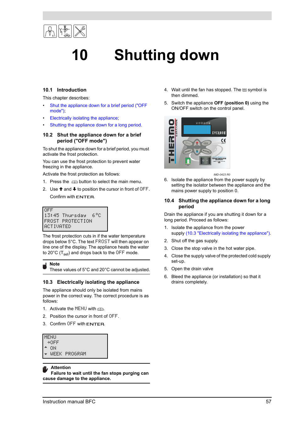 10 shutting down, Shutting down, Introduction | Electrically isolating the appliance, Shutting the appliance down for a long period, 3 "electrically isolating the appliance") | A.O. Smith 120 through 250 Series User Manual | Page 57 / 98