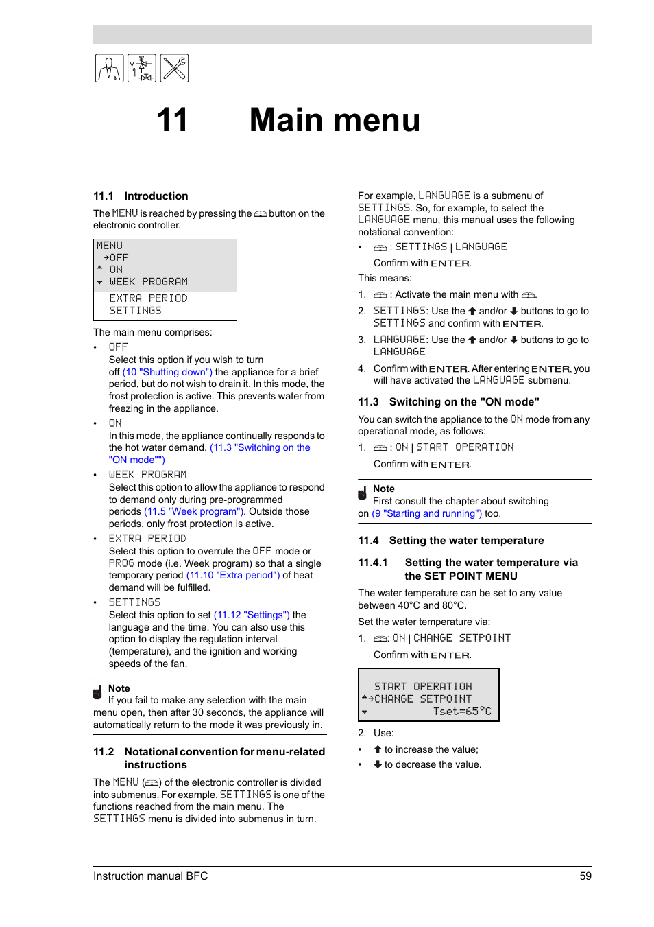 11 main menu, Main menu, Introduction | Switching on the "on mode, Setting the water temperature, 11 "main menu"), Menu, 11 "main, Menu"), Chap | A.O. Smith 120 through 250 Series User Manual | Page 59 / 98