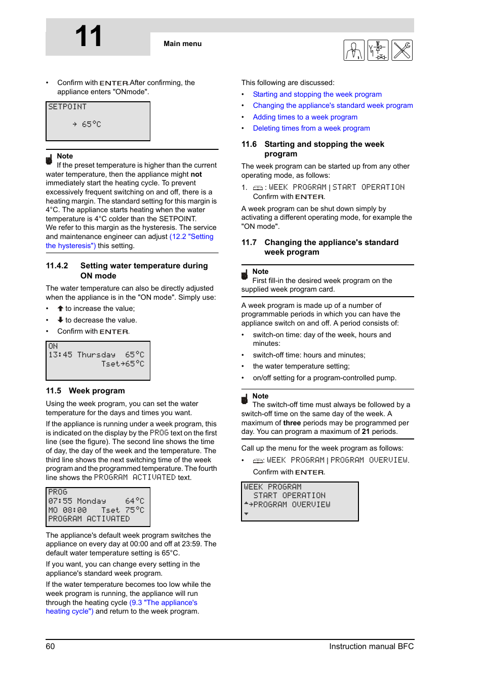 Week program, Starting and stopping the week program, Changing the appliance's standard week program | 11 gis | A.O. Smith 120 through 250 Series User Manual | Page 60 / 98