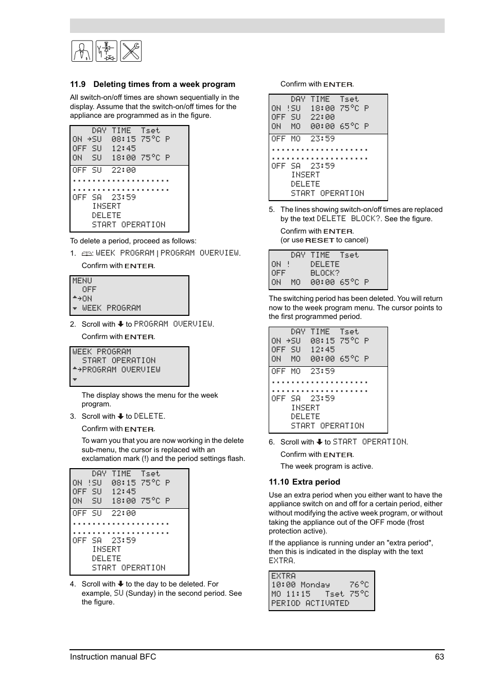 Deleting times from a week program, Extra period | A.O. Smith 120 through 250 Series User Manual | Page 63 / 98