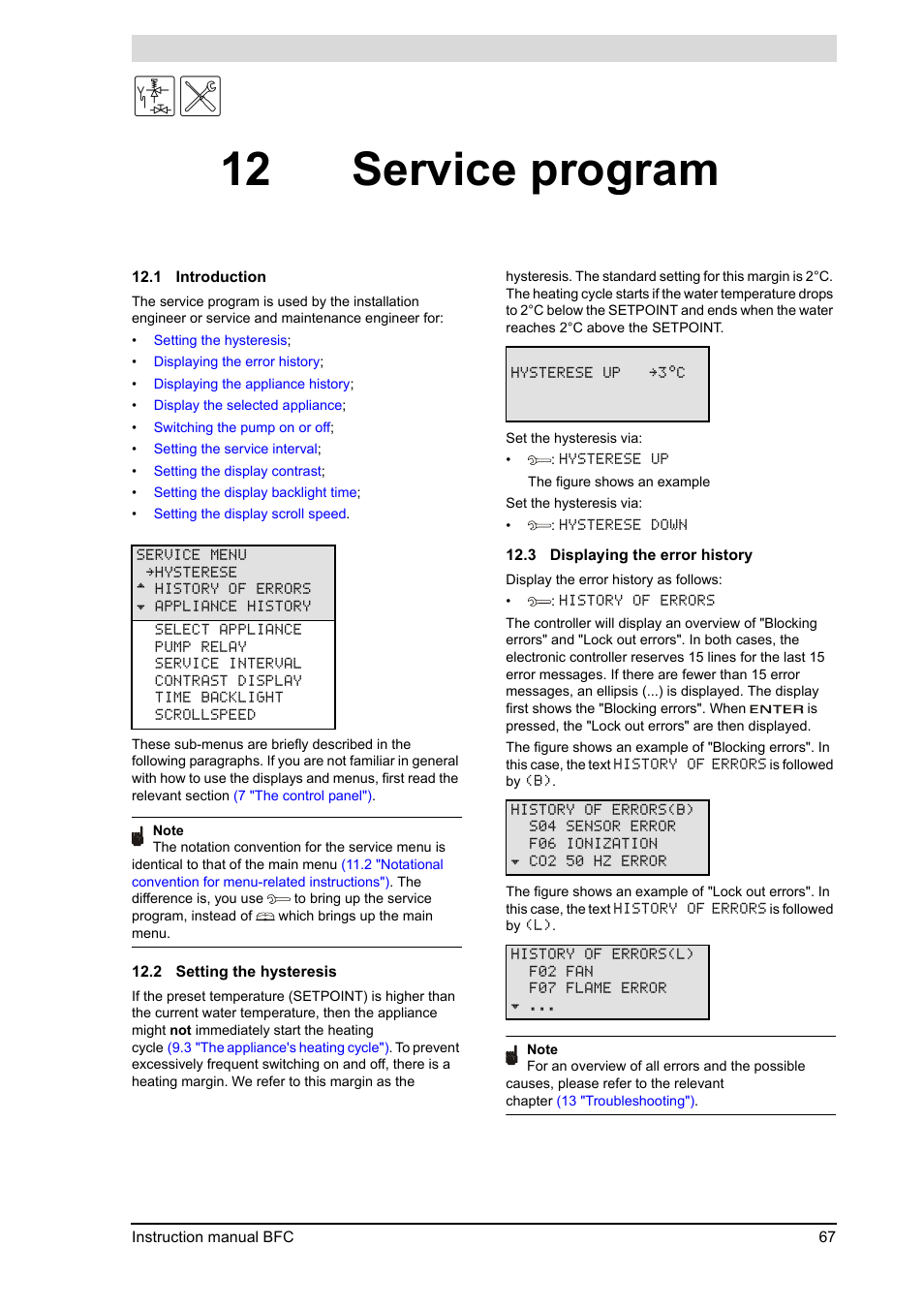 12 service program, Service program, Introduction | Setting the hysteresis, Displaying the error history, 2 "setting, The hysteresis"), 12 "service program"), Just | A.O. Smith 120 through 250 Series User Manual | Page 67 / 98