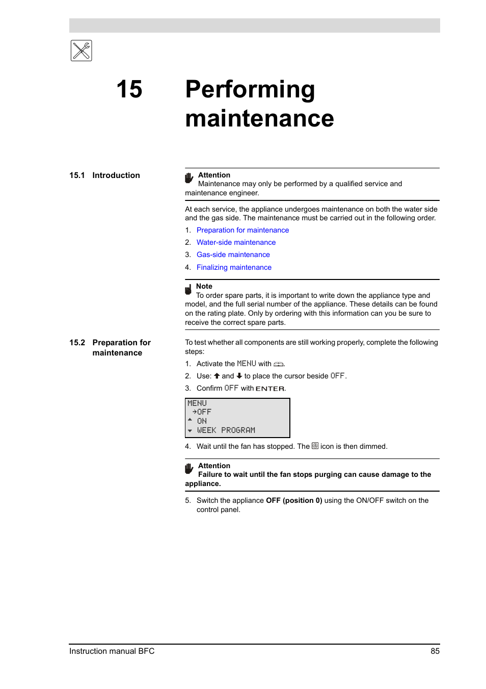 15 performing maintenance, Performing maintenance, Introduction | Preparation for maintenance, 2 "preparation for maintenance") | A.O. Smith 120 through 250 Series User Manual | Page 85 / 98