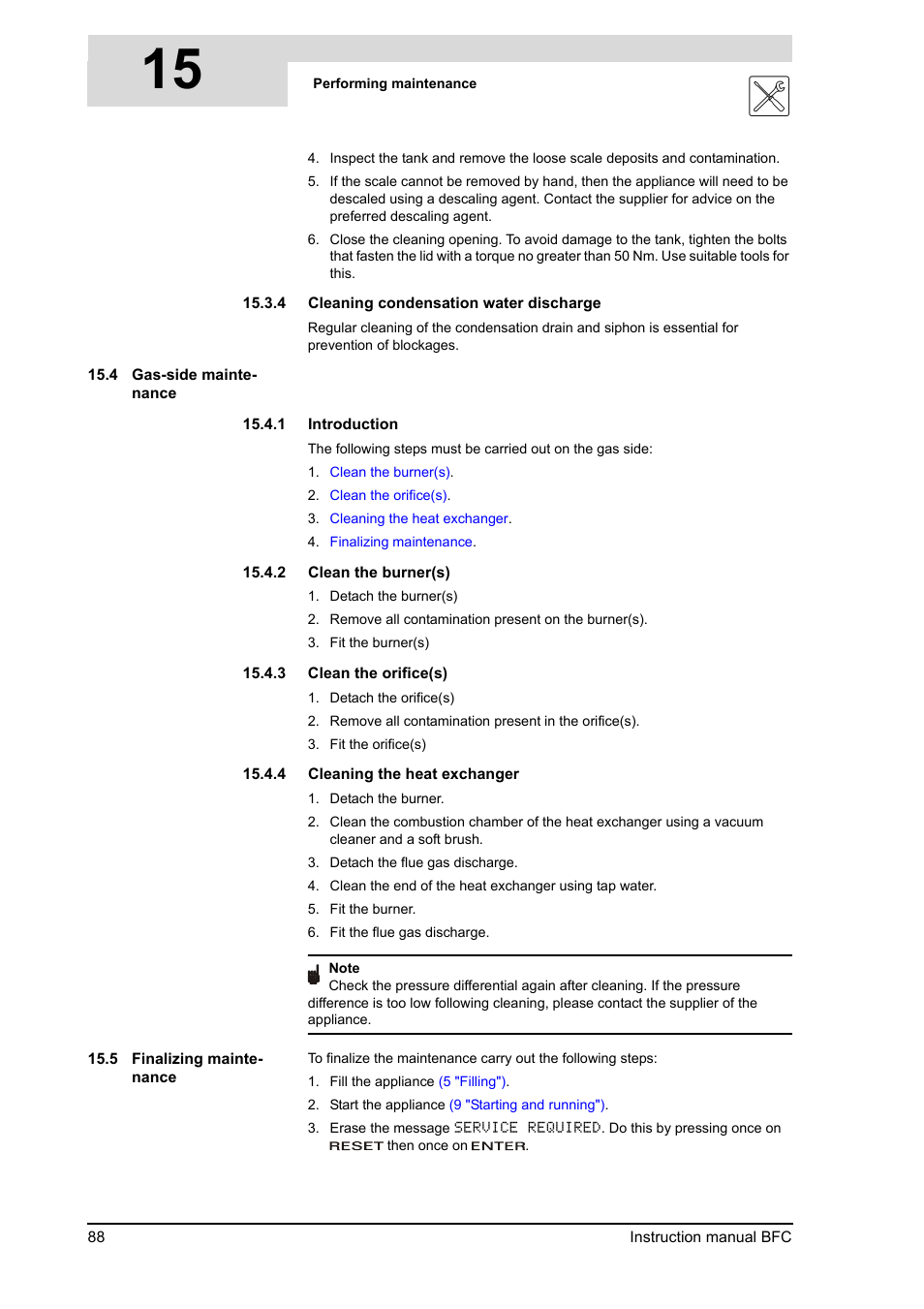 Gas-side maintenance, Finalizing maintenance, 2 "clean the burner(s)") | 3 "clean the orifice(s)"), 4 "cleaning the heat exchanger"), Cleaning condensation water discharge, 15 s | A.O. Smith 120 through 250 Series User Manual | Page 88 / 98