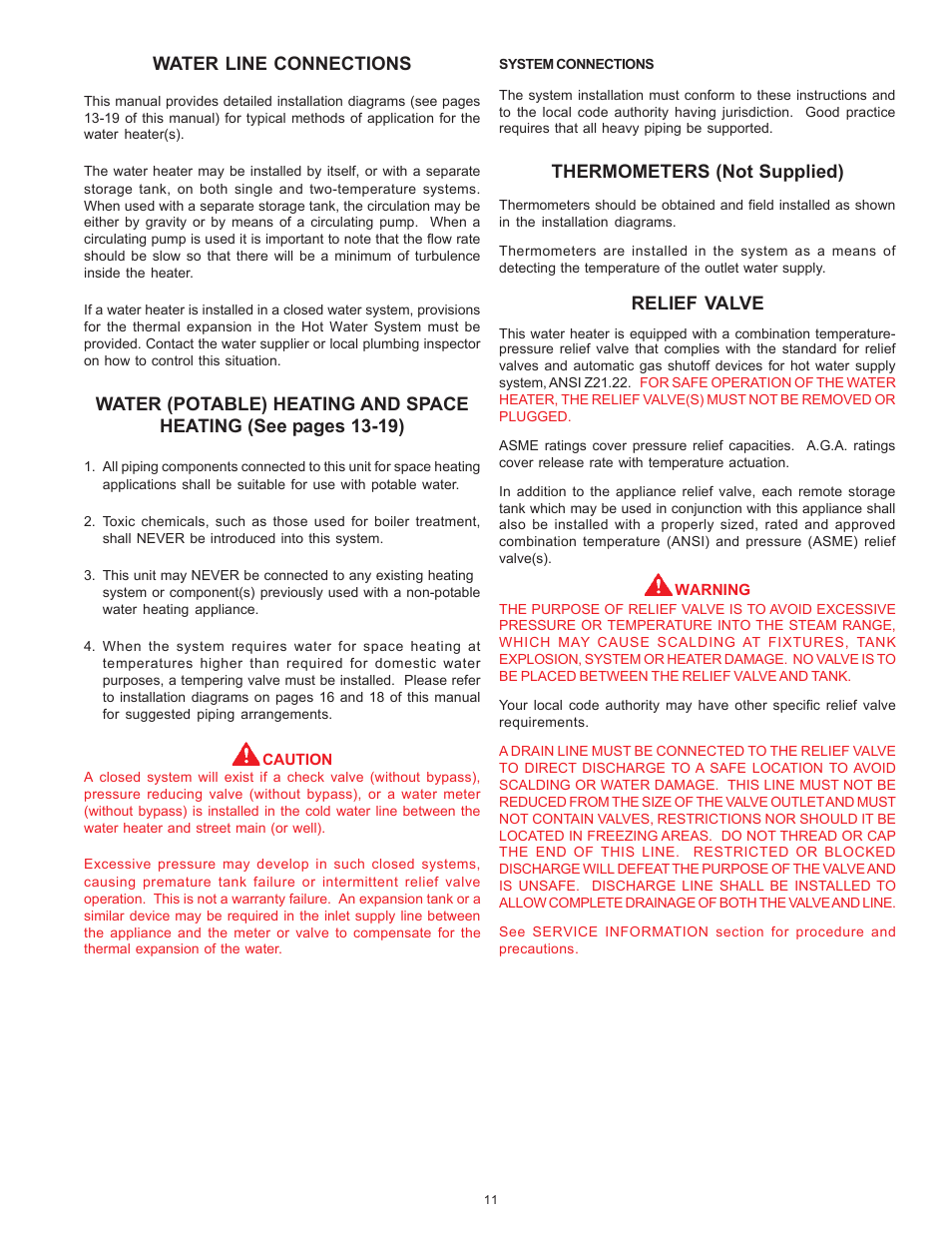Water line connections, Thermometers (not supplied), Relief valve | A.O. Smith BTN 120 THRU 400/A Series User Manual | Page 11 / 32