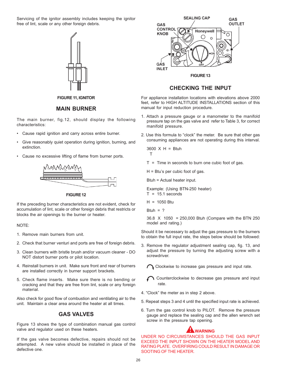 Main burner, Gas valves, Checking the input | A.O. Smith BTN 120 THRU 400/A Series User Manual | Page 26 / 32