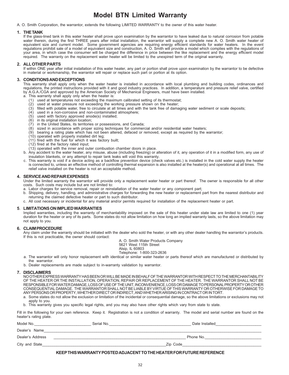 Model btn limited warranty | A.O. Smith BTN 120 THRU 400/A Series User Manual | Page 32 / 32
